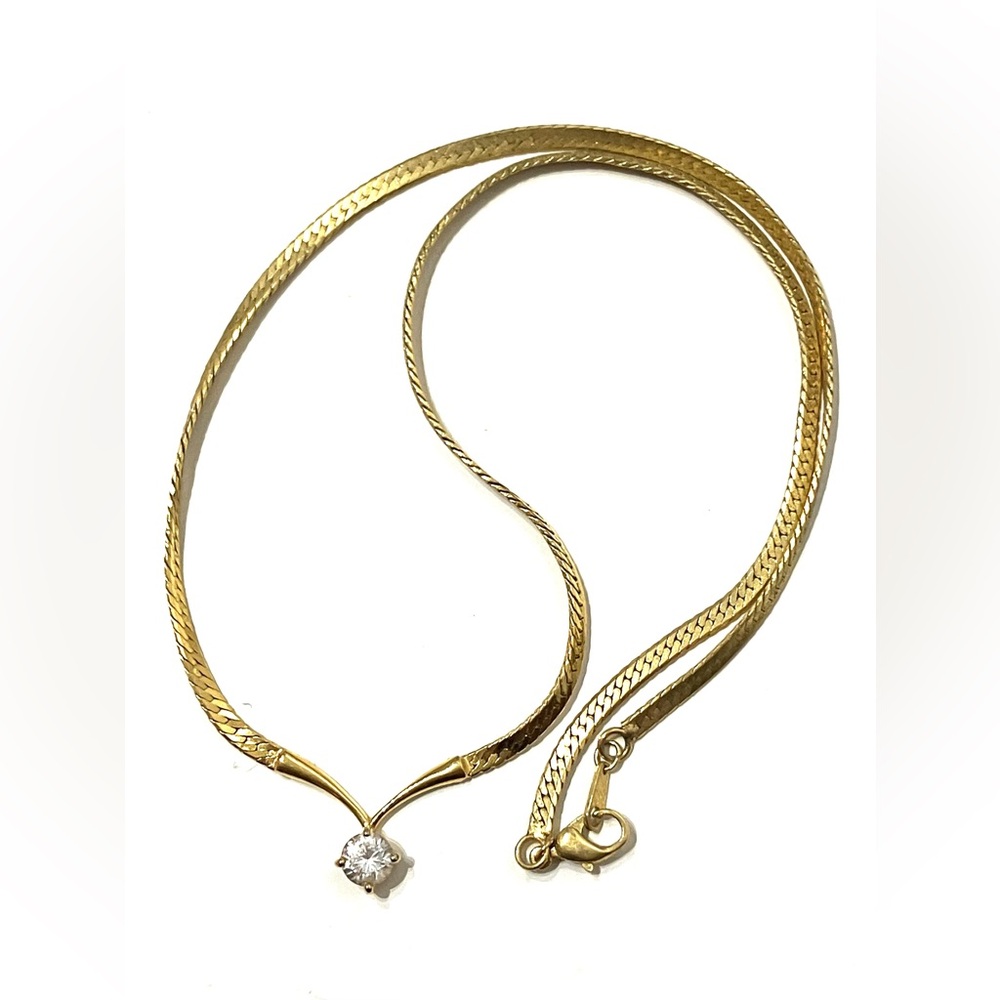 Vintage Gold Tone Herringbone CZ Solitaire Necklace